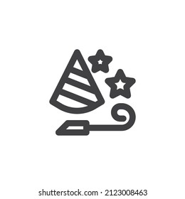 Party hat and blower line icon. linear style sign for mobile concept and web design. Cone hat and party blower outline vector icon. Symbol, logo illustration. Vector graphics