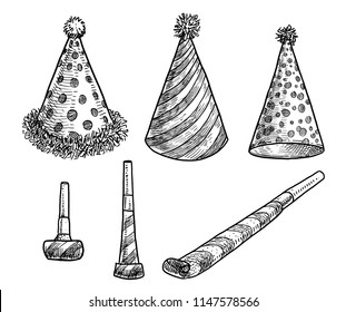 Party Hat And Blower Whistle Illustration, Drawing, Engraving, Ink, Line Art, Vector