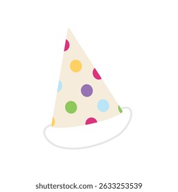 Party hat. Cartoon birthday hat isolated on white background. Cute birthday cone cap with colorful rainbow dots.  Festive paper cap