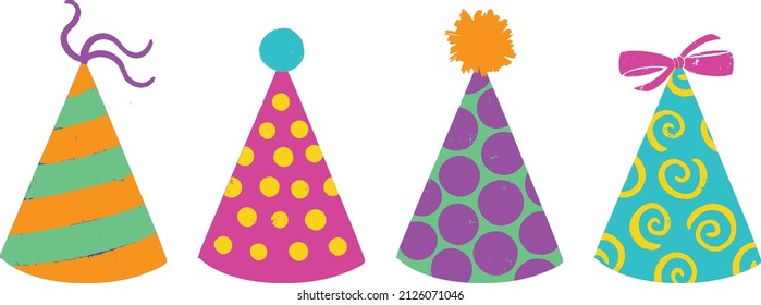 Party hat cartoon vector illustration with colorful customizable colors. Textured flat shapes. Celebration hat collection for birthday party with dots, stripes, ribbons, isolated on white background