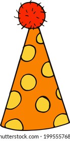 sombrero de fiesta con círculos. estilo doodle dibujado a mano. vector, minimalismo, color de tendencia amarillo, naranja. divertido festivo