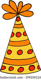 sombrero de fiesta con círculos y rayas. estilo doodle dibujado a mano. vector, minimalismo, color de tendencia amarillo, naranja. divertido festivo.