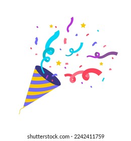 Party hat with colorful confetti. Celebratory clapperboard explosion. Flat vector illustration