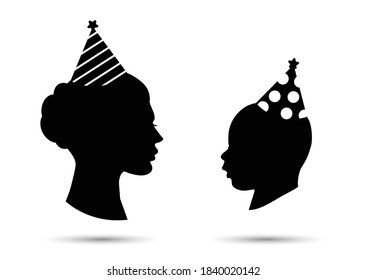 Party hat cone on the head silhouette icon. Birthday cap on child and mother. Vector illustration isolated on white