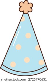Sombrero de fiesta con forma de cono, parte superior de pom pom y patrón de puntos delineado en líneas en negrita. Símbolo de celebración, diversión de cumpleaños y festividad con gorra, ambiente de confeti y alegría. Ilustración vectorial de dibujos animados.