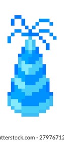 Party hat with curly streamer rendered in blocky pixels and stair-step shading. Symbol of celebration, birthday fun, and retro gaming vibe. Cartoon vector illustration.