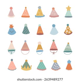 Party hat decoration set features scandinavian style designs with cone shapes made from paper for birthday and holiday celebration events and for yours illustration and creative projects
