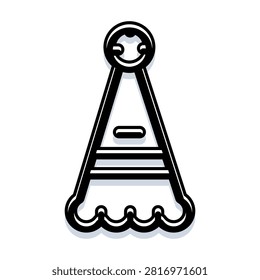 Party hat doodle icon featuring a simple black and white design with a playful bounce ball on top, ideal for festive celebrations, birthdays, events, and joyous occasions