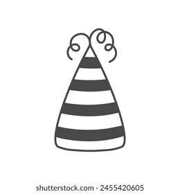 Party Hat Doodle Vector Illustration. Hand drawn birthday head accessory with striped texture. Line art. Vector illustration. Holiday celebration symbol.