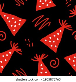 party hat and doodles seamless pattern. vector hand drawn. wallpaper, wrapping paper, textiles. birthday, new year, holiday, red.