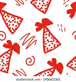 party hat and doodles seamless pattern. vector hand drawn. wallpaper, wrapping paper, textiles. birthday, new year, holiday red