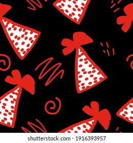 party hat and doodles seamless pattern. vector hand drawn. wallpaper, wrapping paper, textiles. birthday, new year, holiday red