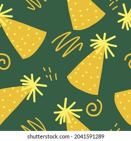 party hat and doodles seamless pattern. vector hand drawn. wallpaper, wrapping paper, textiles. birthday, new year, holiday trendy colors 2021, yellow, gold