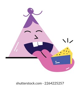 Sombrero de fiesta comiendo rebanada de torta, pegatinas planas divertidas 