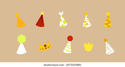 Party hat flat vector illustration set. Different hats and crowns combinations in bundle. Hand drawn elements in hand drawn style. 