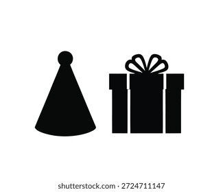 Icono de la silueta del sombrero del partido y de la caja de regalo que representa la celebración y los regalos