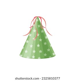 A party hat. A green party hat with green stars and red ribbons. Festive headdress. An accessory for happy holidays. Vector illustration isolated on a white background