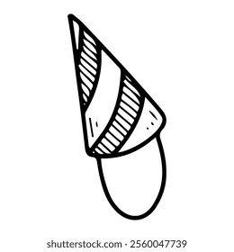 Party hat hand drawn doodle. Carnival decor. Holiday clothing. Decorative cone shaped cap on head. Costume for a festive event. Vector line art illustration.