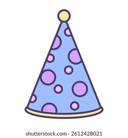 Party hat icon. Celebration cone shape. Colorful vector accessory. Polka dot decoration.
