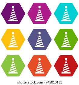 Party hat icon set many color hexahedron isolated on white vector illustration