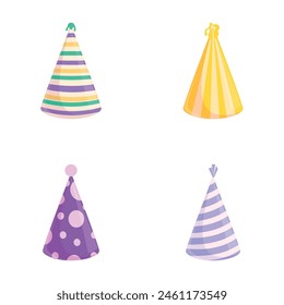 Party hat icons set cartoon vector. Holiday celebration paper cone. Festive accessory