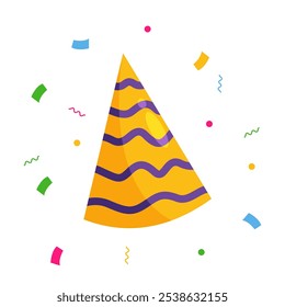 Party hat illustration for holiday celebration, birthday celebration, anniversary party with colorful confetti sparkle. Isolated on white background.