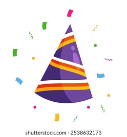 Party hat illustration for holiday celebration, birthday celebration, anniversary party with colorful confetti sparkle. Isolated on white background.