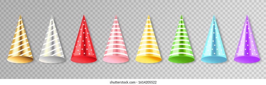 Party hat isolated, colored hats big set, celebration banner, happy birthday, vector illustration