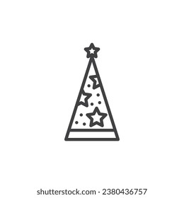 Icono de línea de Sombrero de fiesta. signo de estilo lineal para concepto móvil y diseño web. Cono con icono de vector de contorno de estrella. Símbolo, ilustración del logotipo. Gráficos vectoriales