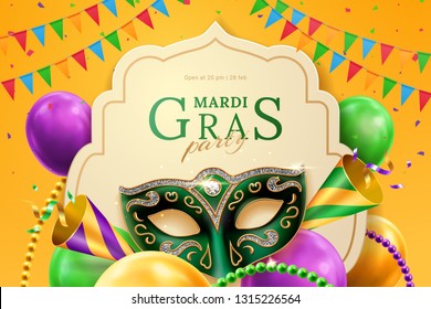 Party Hat And Masquerade Ball Mask At Mardi Gras Banner Background. Venetian Carnival Or Festival Invitation Flyer With Balloons And Flags, Beads And Confetti. Fat Tuesday And Venetian Celebration