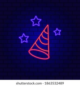 Party hat neon icon isolated on brick wall background. Vector Illustration