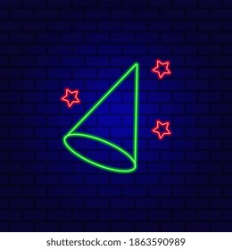 Party hat neon icon isolated on brick wall background