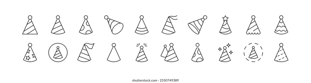 Party Hat Outline Simple Linear Image Collection. Editable Stroke. Suitable for Web Sites, Books, Cards, Apps 