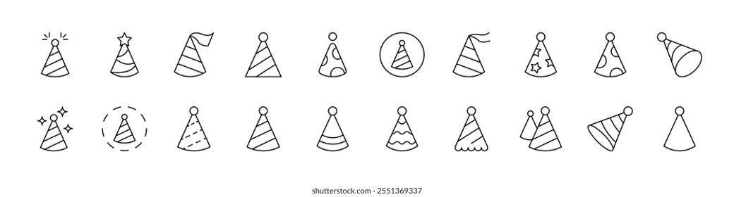 Party Hat Pack von dünnen Symbolen. Bearbeitbarer Strich. Geeignet für Webseiten, Bücher, Karten, Apps 