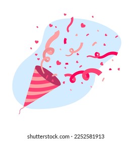 Party hat with a pink confetti. Celebratory clapperboard explosion. Flat vector illustration