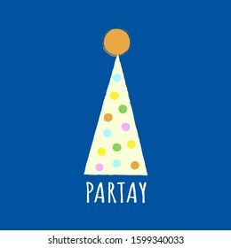 Party hat with polka dots isolated on a blue background, with text saying PARTAY