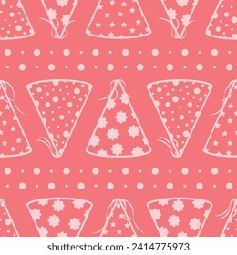 A party hat. Seamless pattern featuring festive party hats. A festive pattern on a pink background. Vector illustration