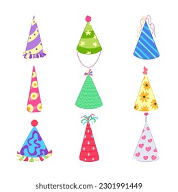 party hat set cartoon. birthday celebration, fun decoration, cap celebrate, event holiday party hat sign. isolated symbol vector illustration
