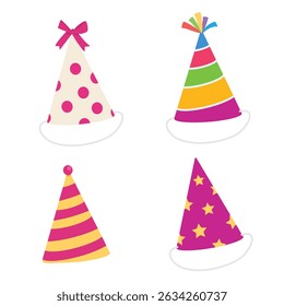 Party hat set. Cartoon birthday hat collection isolated on white background. Cute birthday cone caps in bright colors with pompon. Festive paper caps collection