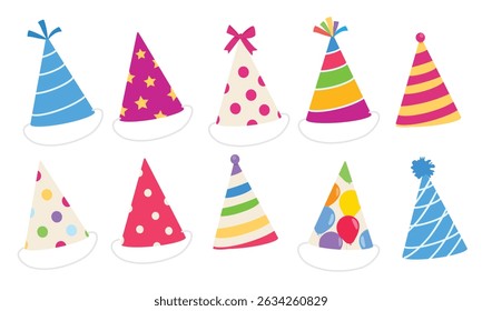 Party hat set. Cartoon birthday hat collection isolated on white background. Cute birthday cone caps in bright colors with pompon. Festive paper caps collection