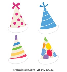 Party hat set. Cartoon birthday hat collection isolated on white background. Cute birthday cone caps in bright colors with pompon. Festive paper caps collection