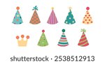 Party hat set. Cute birthday cone caps in bright colors with pompon above. Festive paper caps collection flat style isolate on white for winter holidays and birthday party design .