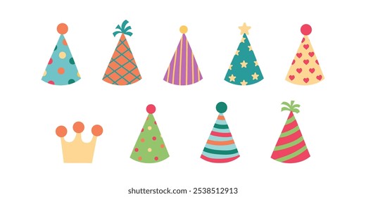 Party hat set. Cute birthday cone caps in bright colors with pompon above. Festive paper caps collection flat style isolate on white for winter holidays and birthday party design .