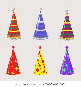 Party hat set. Cute birthday cone caps in bright colors. Festive paper caps collection.
