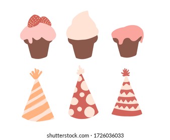 Party hat set with different texture pattern and tasty sweet cake birthday hat flat vector illustration isolated on white background