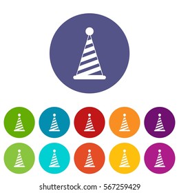 Party hat set icons in different colors isolated on white background