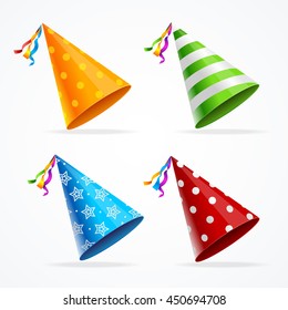 Party Hat Set Isolated With Decorations On White Background. Accessory Holiday. Vector Illustration