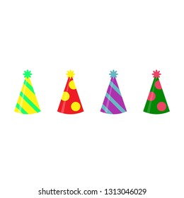 Party hat set isolated on a white. Birthday hat set. Vector fun decoration. Colorful surprise costume.