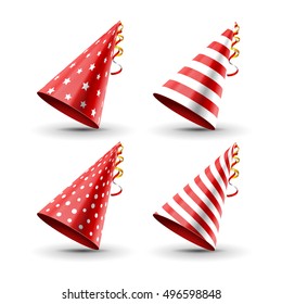 Party hat set isolated on a white. Birthday hat set. Vector fun decoration. Colorful surprise costume.