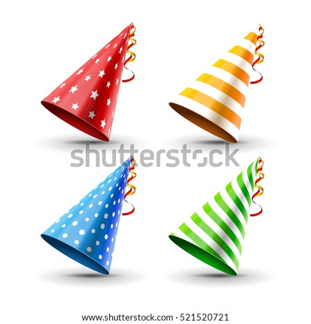 Party hat set isolated on a white. Birthday hat set. Vector fun decoration. Colorful surprise costume.